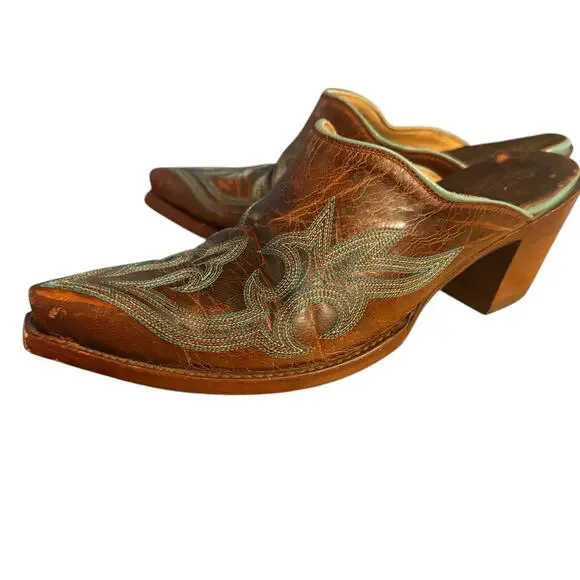 Old Gringo Leather Made In Mexico Brown w/ Teal Detail Western Style Mules sz 8 - Picture 4 of 14